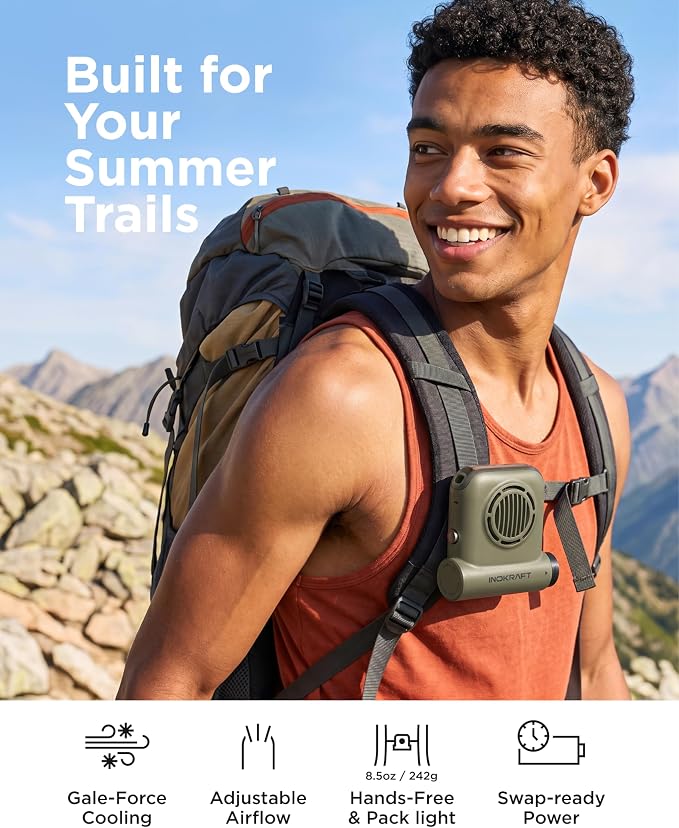 InoKraft Waist Fan with Swappable 4Ah Rechargeable Battery | Portable Fan Rechargeable for Hiking & Camping, Clip-On Waist Fan, 49 ft/s Turbo Airflow, Up to 13H+ Runtime