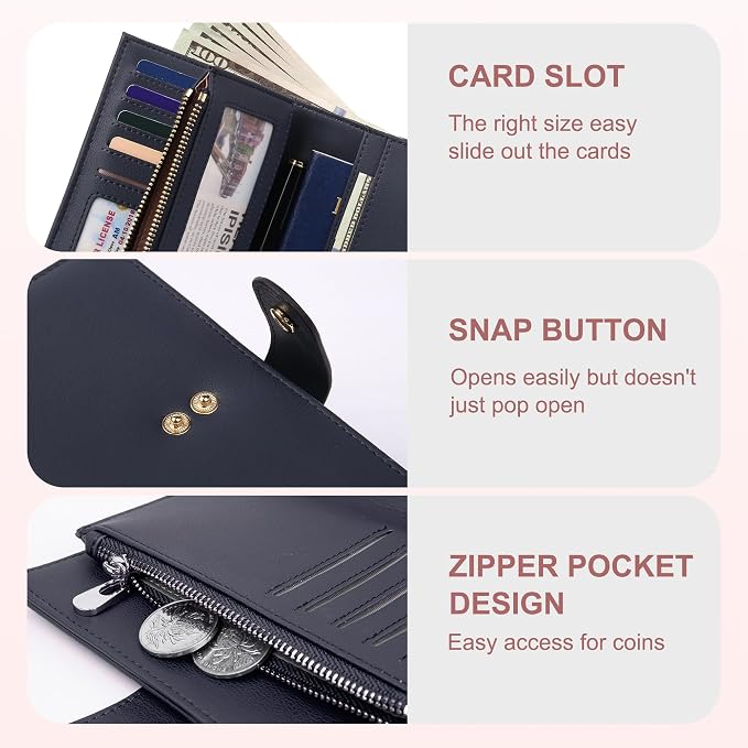 yiijay Wallet for Women RFID Blocking Leather Trifold Clutch Wallet Credit Card Holder Ladies Travel Wallet Purse with Passport/Pen Holder