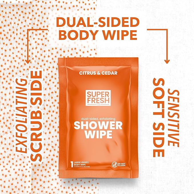 Super Fresh Shower Wipes Large Citrus & Cedar Body Wipes for No Rinse Bathing Personal Hygiene Gym Travel or Camping Enriched with Aloe and Vitamin E 20 Individually Wrapped Disposable Sheets
