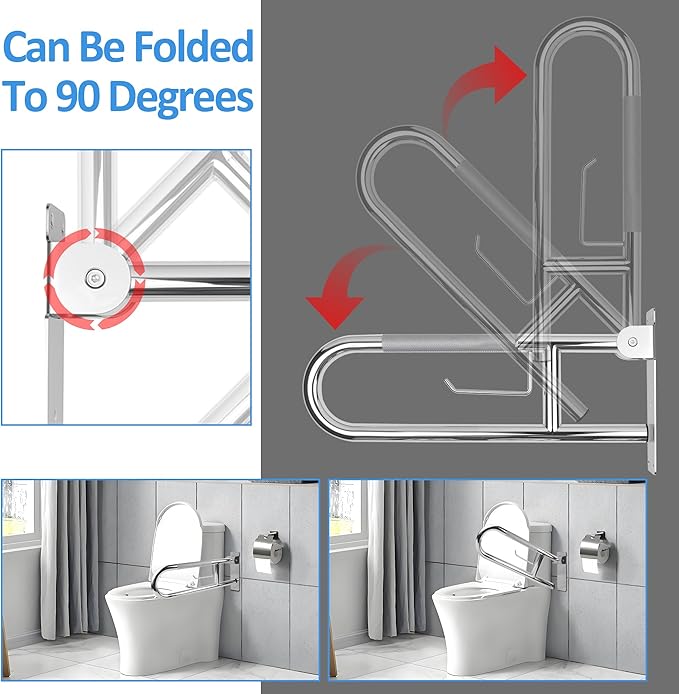 Handicap Grab Bar, 23.6 Inch Stainless Steel Toilet Safety Rails, Disabled Flip-Up Bathroom Grab Bars with Paper Holder, Anti-Slip Toilet Handrails Hand Grips Handicap Grab Bars for Elderly