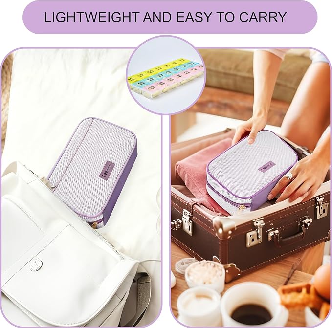 Weekly Travel Pill Organizer Pill Case for Purse with Removable 7 Day Pill Box Holder,Cute Medication Organizer Pill Container for Medicine, Vitamin, Fish Oils,Supplement (Purple, Small)