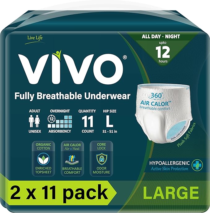 VIVO Organic Cotton Sensitive Skin Overnight Adult Incontinence Pullup Underwear, Women & Men, Large 22 Count