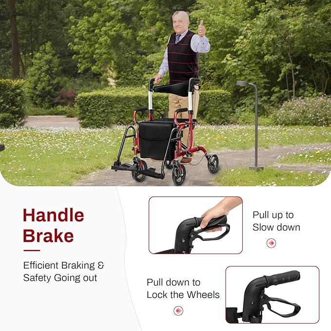 Goplus 2 in 1 Rollator Walker for Seniors, Medical Walker with Seat, Folding Transport Wheelchair Rollator with 8" Wheels, Reversible Backrest, Footrests, Aluminum Mobility Walking Aid