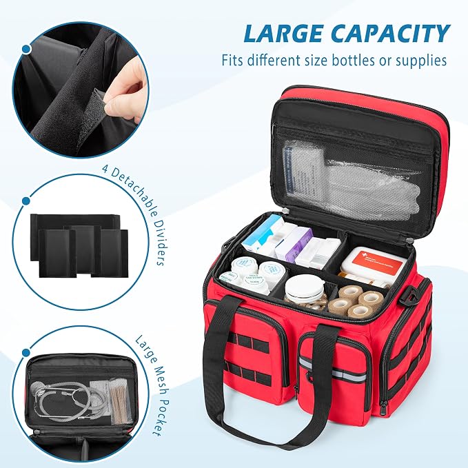 Marscamd Medicine Organizer Bag with Insulated Pocket, Red (Bag Only) | Pill Bottle Storage Bag with 4 Customized Dividers & Shoulder Strap for Medication, Insulin and First Aid Supplies