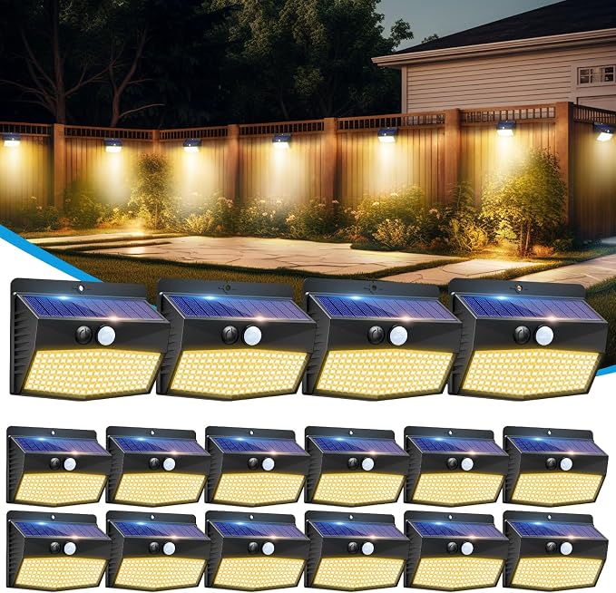 16 Pack Solar Motion Sensor Lights Outdoor Waterproof with 3 Modes | Warm White, Black Frame, LED, Solar Powered, Security Lighting for Outside Wall Garden Fence Yard Deck Patio Garage