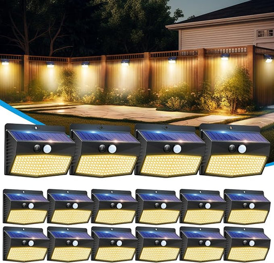 16 Pack Solar Motion Sensor Lights Outdoor Waterproof with 3 Modes | Warm White, Black Frame, LED, Solar Powered, Security Lighting for Outside Wall Garden Fence Yard Deck Patio Garage