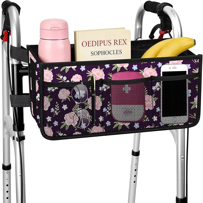 Dotday Upgraded Walker Basket with Cup Holder, Foldable Walker Bag | Basket for Walker for Senior, Walker Accessories for Folding Walker, Large Capacity, Never Tipping Over, Not Fit for Rollator