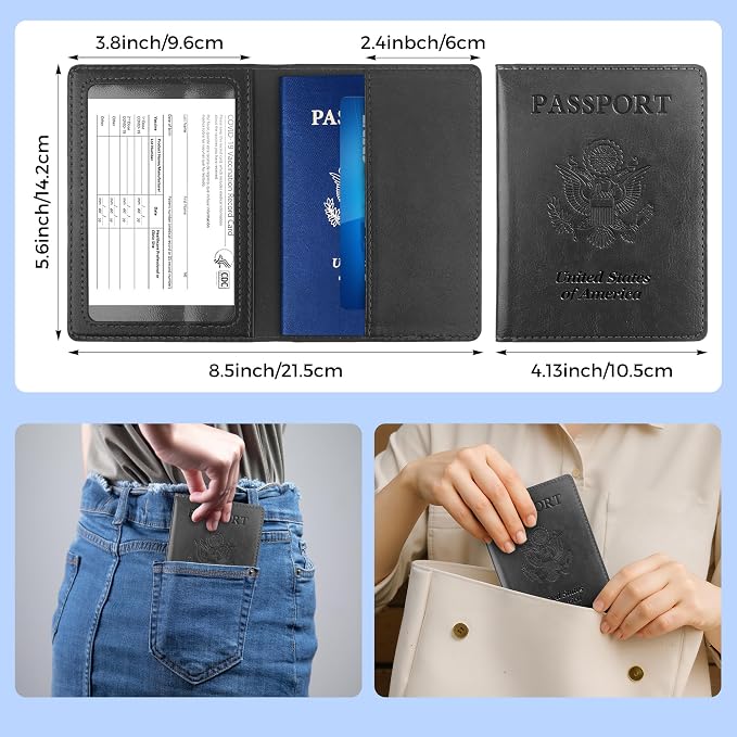 Passport Holder for Travel Men Women - Passport Cover, Passport Wallet Case Travel Essentials Travel Must Haves Accessories Blocking Leather Card Slot Protector for Stocking Stuffers Gifts,Black&Brown