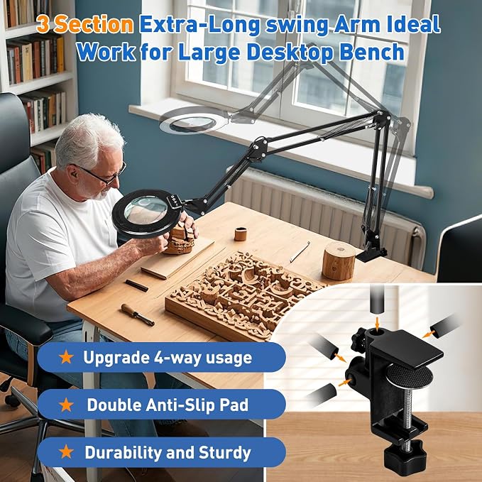 HITTI 12X & 30X Ultra Long Magnifying Glass with Light and Clamp | Swivel Arm, 5 Color Modes Steepless Dimming LED Desk Lamp, Hands Free Lighted Magnifier Stand for Workbench Reading Hobby
