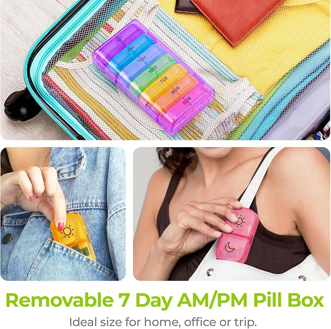 AUVON XL Weekly Pill Organizer 2 Times a Day with Large Opening for Easy Filling, AM PM Pill Box 7 Day in Rainbow Colors, Portable Travel Pill Case for Medication, Vitamins, Fish Oils, Supplements