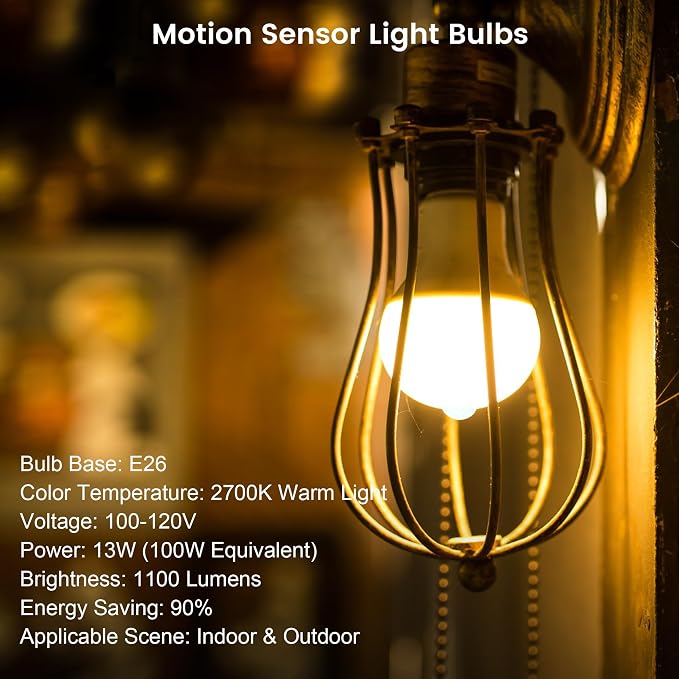 Motion Sensor Light Bulbs, E26 Dusk to Dawn Activated Security | Auto On/Off, Energy-Efficient, for Indoor Outdoor Lighting, Front Door Garage Basement Storage Closet, 120V, 2700K 2Pack