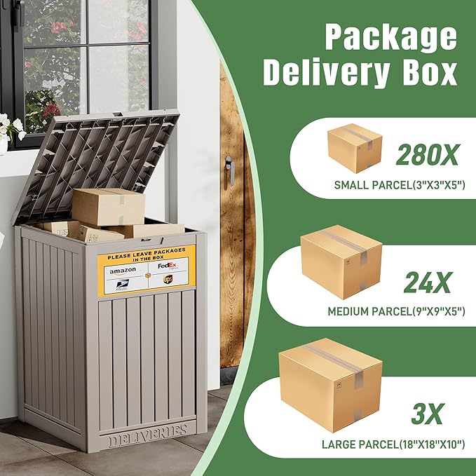 Package Delivery Box for Outside with Sign, Secure Lockable Waterproof Package Delivery Container, Resin Deck Box for Porch & Garden, Grey