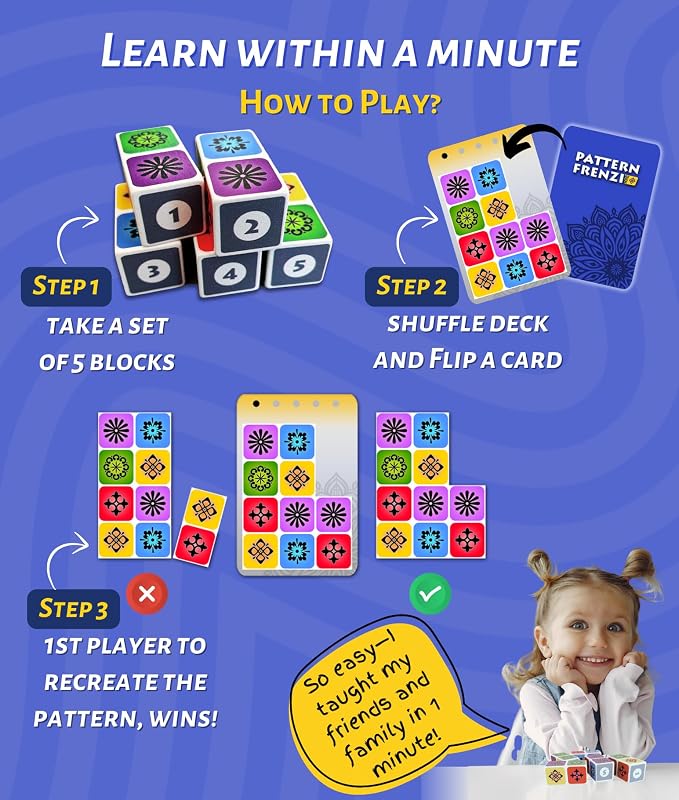 Pattern Matching Board Game for Kids & Adults, Family Night Board Games, Block Puzzle Games for Kids, Ages 3+ to 99 yrs, Play 1 to 5 Players, Unlimited Puzzle Cards, Perfect All Occasion Gift