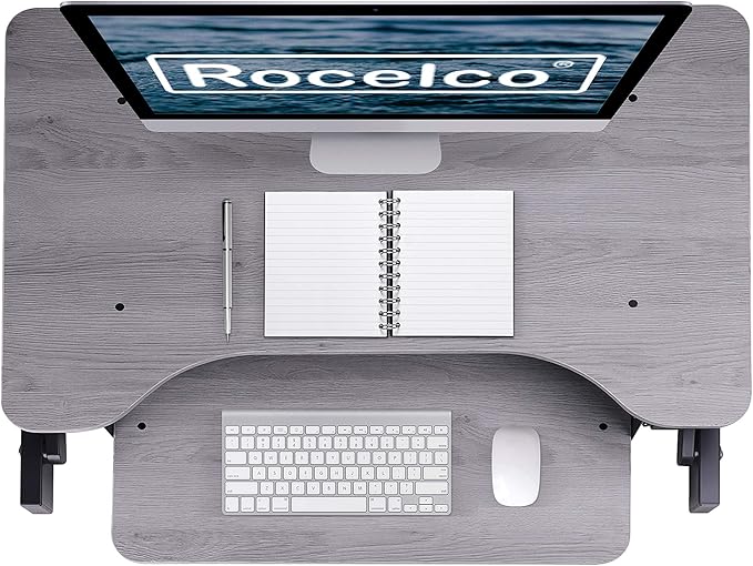 Rocelco 32" Height Adjustable Standing Desk Converter with Anti Fatigue Mat Bundle - Slide Out Retractable Keyboard Tray - Sit Stand Up Dual Monitor Riser - Computer Workstation - Gray (R ADRG-MAFM)