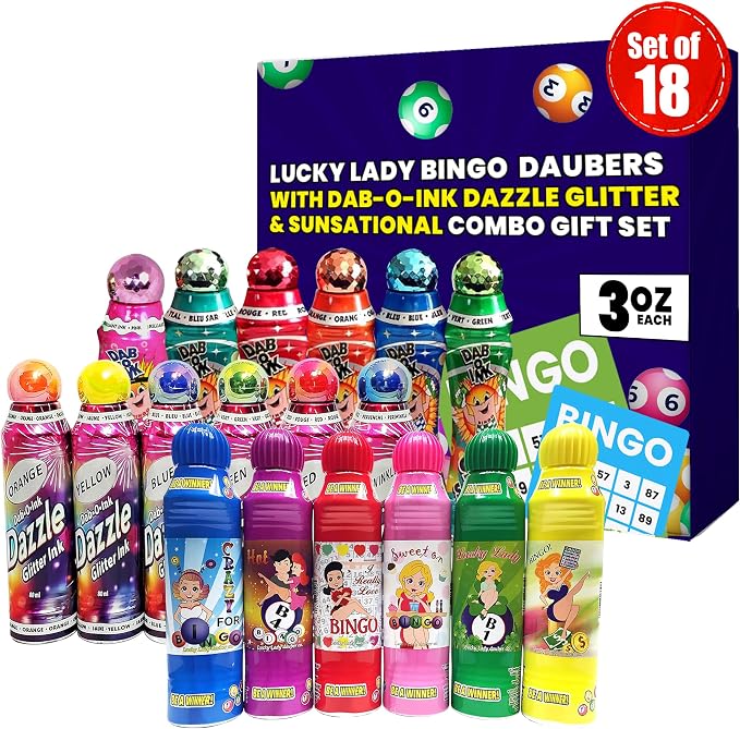 Lucky Lady Bingo Daubers Made with Dab-O-Ink, Sunsational and Dab-O-Ink Dazzle Glitter Combo Gift Set – 3 oz. 18 Pack, Versatile Ink Daubers - Bingo Markers for Adults and Seniors