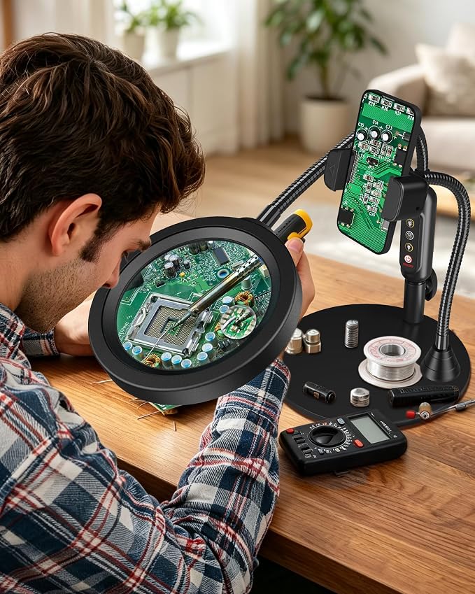 30X 10X Magnifying Glass with Light and Phone Holder, 5 Color Modes Stepless Dimmable, Optical Grade HD Lens, LED Lighted Magnifier Hands Free with Flexible Gooseneck for Close Work, Craft, Hobby