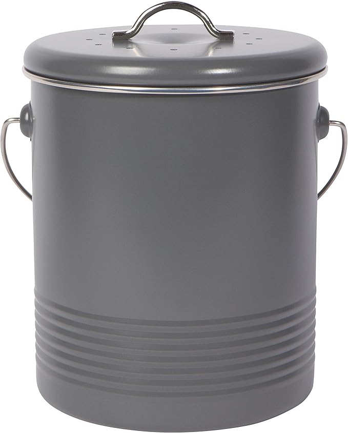 Now Designs Compost Bin Charcoal Powder Coated Steel With Charcoal Filter, 8.5 inches high, 1.25 gallon