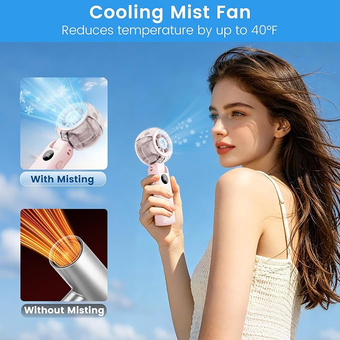 Portable Handheld Misting Fan, Personal Fan that Blow Cold Airflow | USB Rechargeable, LED Display, 100 Speeds, 155° Foldable, Small Neck Fan for Outdoor Travel, Beach, Makeup, Gifts for Women