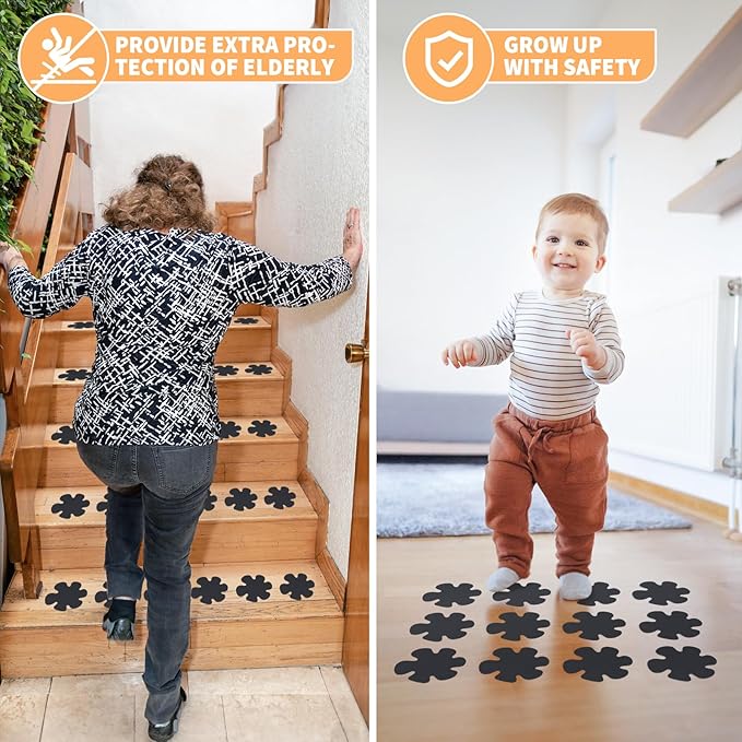 Non Slip Bathtub Stickers, 24 PCS Shower Safety Decals - Bathtub & Shower Floor Non Slip Stickers, Adhesive Decals Scraper for Stairs & Ladders (Flower Shape, Black)