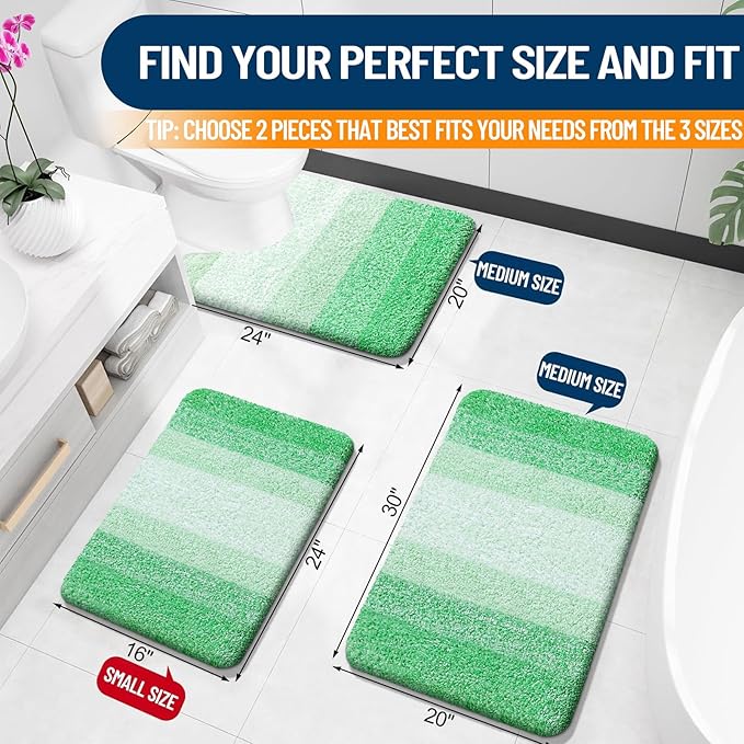 OLANLY Bathroom Rug Set 2 Piece, Soft Absorbent Microfiber Bath Mats and U-Shaped Contour Toilet Rug, Non-Slip, Machine Wash Dry, Plush Shaggy Bath Mats for Bathroom (24"x16"+U24 x20, Green)