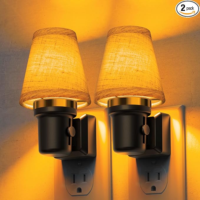 L LOHAS LED Night Lights Plug into Wall, Linen Fabric Night Light | 2 Pack Dusk to Dawn Sensor Vintage Nightlight, Amber Warm Light 0-100LM Dimmable, Decor for Bedroom Living Room Hallway