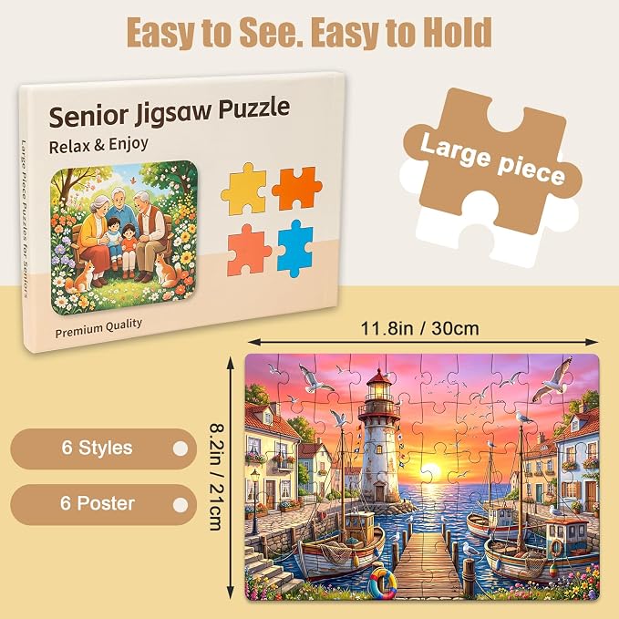 50-Piece Large Piece Puzzles for Seniors, 6 Pack Gift Box Set | Dementia & Alzheimer’s Puzzle Activity for Elderly Adults, Memory Care Game,Family Play, Caregiver Friendly (Vegetable)