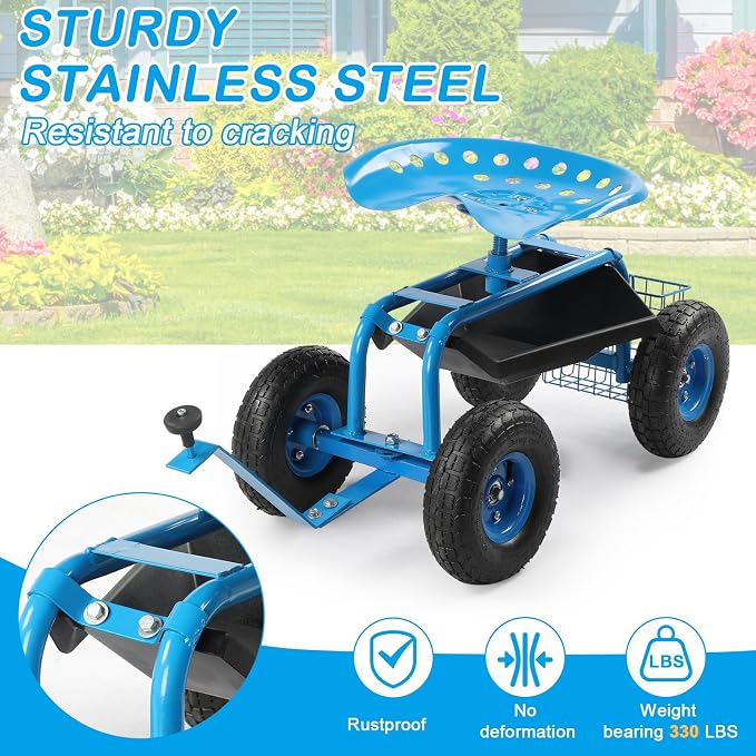 VINGLI Garden Cart with Rolling Seat, Wheels, Steering Handle & Utility Tool Tray, Planting Wagon Scooter, Gardening Tool for Senior, for Patio, Backyard, Lawn & Outdoor (Blue)