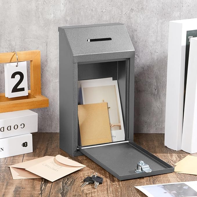 Yaocom Metal Money Box,Gray,10.24 x 5.71 x 2.95 Inch,No Lid | Wall Mounted Drop Donation Cash Box for Farm Stand Collection Safe Suggestion Box with Lock Container for Home Office Outdoor