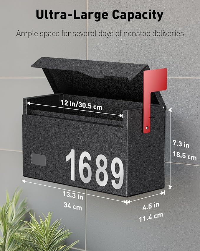 Uniclife Wall Mount Mailbox for Outside (No Locking Mechanism) | Flag & Number Stickers, Large Metal Mail Box for House, Modern Post Box for Outdoor Office Home