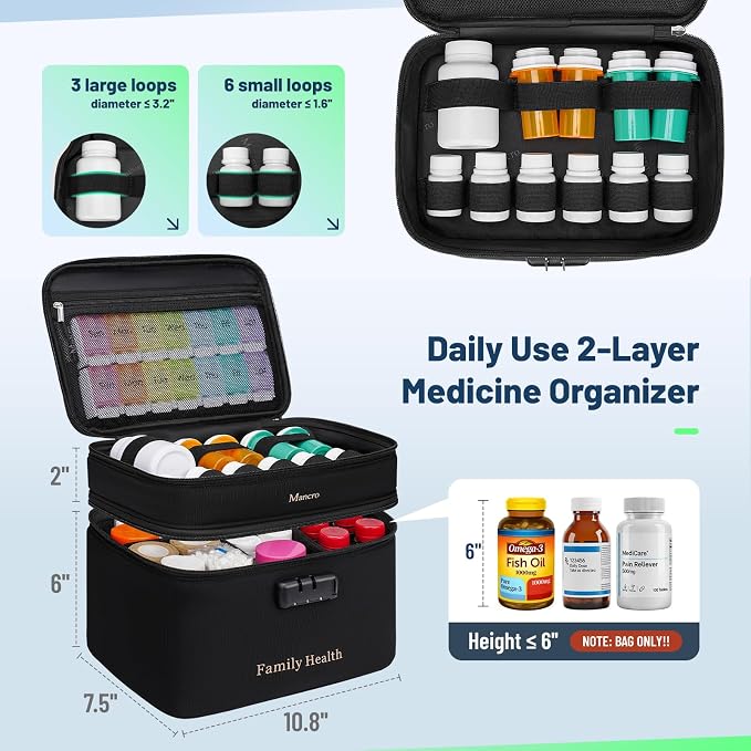 Mancro Lockable Medicine Bag, 2-Layer Pill Bottle Organizer Storage | Adjustable Dividers, Medication Travel Case for Pill, Vitamins & Supplements, Medicine Organizer for Dorm, Home Use and Trips