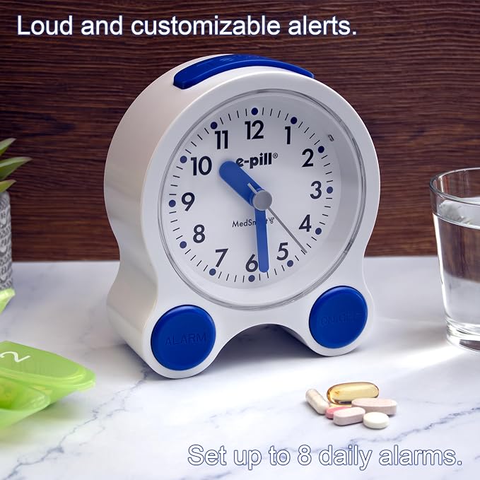 e-Pill MedSmart V8 Medication Reminder Clock for Seniors – 8 Loud Daily Alarms, Atomic Auto-Set Time, Large Easy-Read Screen, White