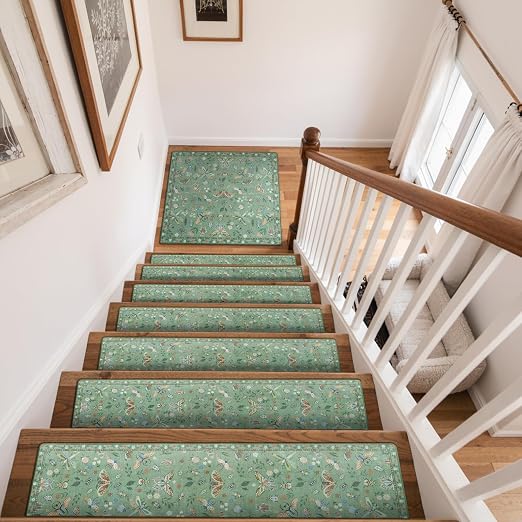 OJIA Stair Treads Non-Slip Stair Runner for Wooden Step 31"x31" Landing Mat | Square Capet Stair Treads Rubber Stair Runner Anti-Slip Stair Matching Mat Stair Rugs Carpet for Stairs Green