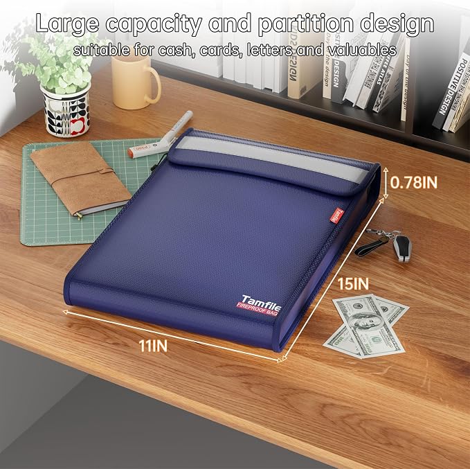 6400℉ Fireproof Document Bag, 15”x 11” Waterproof Document Organizer, Blue | Fireproof Money Bag, 2 Pockets,Safe Important Document Organizer for A4 A5 Legal Letter Size, Valuables, Legal Documents