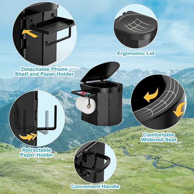 Portable Toilet,Camping Toilet,Portable Toilet for Adults | Foldable Toilet with Toilet Bags & Poo Gel,Phone Shelf and Paper Holder,for Camping,Outdoor, Hiking,Truck, RV, Beach