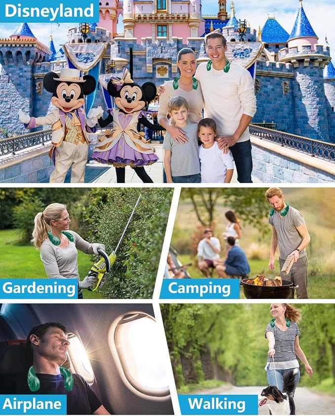 Misting Neck Fan that Blows Cold Air, USB-C Recargable 4-9H Long Life, 360° Airflow Lightweight without Blades, Mini Personal LED Cooling Device for Kid Adults Outdoor Travelling Office Home, Green