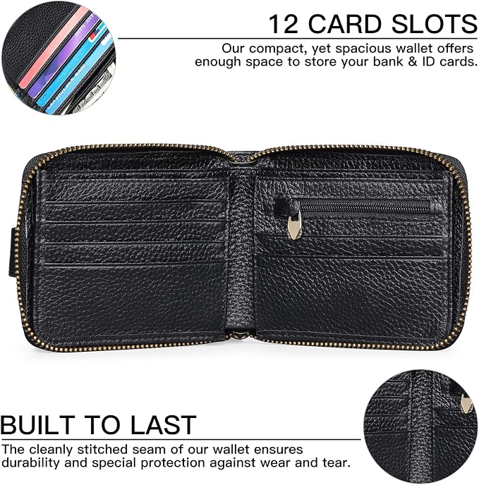 GOIACII Zipper Wallet for Men Genuine Leather RFID Blocking Mens Wallet with Zipper Coin Pocket ID Window Zipper Wallets Large Capacity