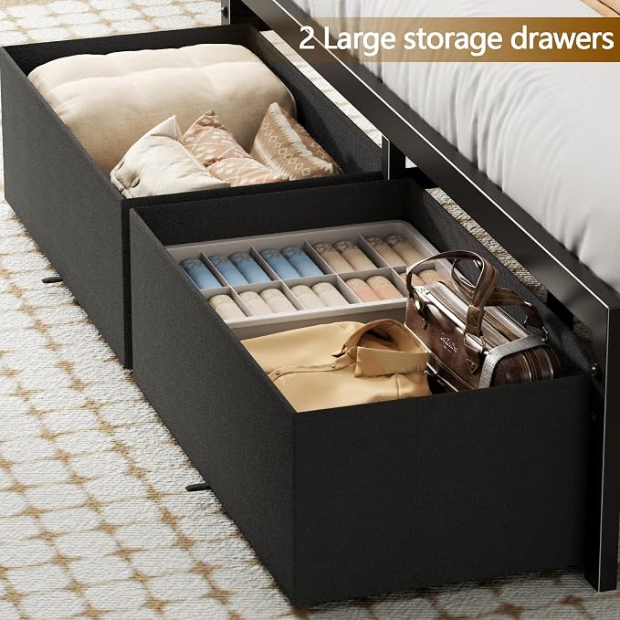 Full Size Bed Frame with Headboard, Charging Station, 2 Drawers | 2-Tier Wood Shelves,LED Lights,1200 Lbs Capacity,USB & Type-C Ports,No Box Spring Needed,Noise Free,Easy Assembly,Rustic Grey
