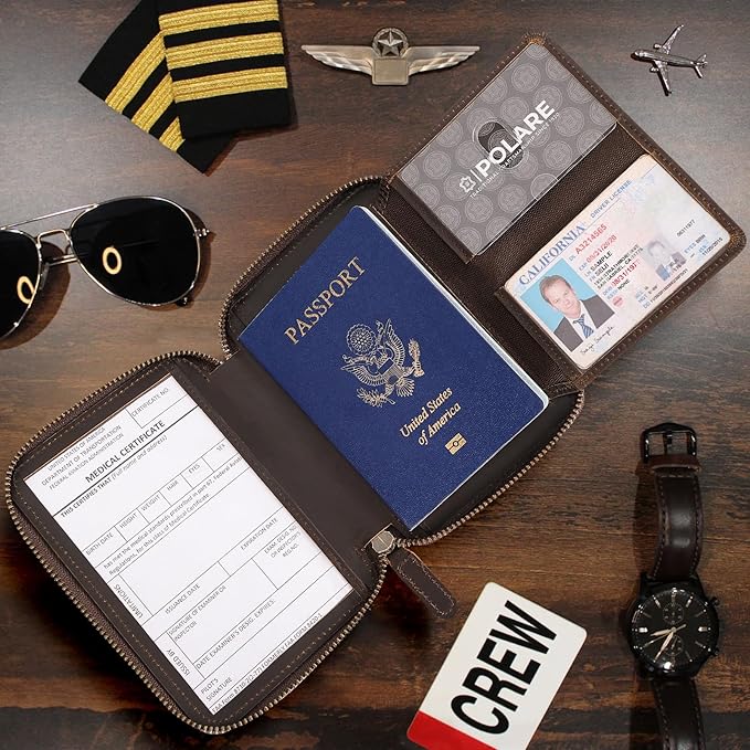 Polare Leather Pilot Wallet Passport Holder RFID Blocking Tri-fold Travel Cover Document Organizer for Aviation Professionals (Dark Brown(YKK Zipper Version))