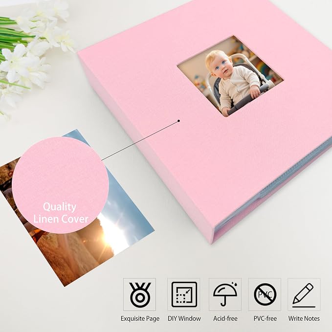 4x6 Photo Album Holds 240 Photos with Writing Space, Linen Cover Picture Book with Front Window for Family Wedding Baby Travel & Graduation Memories, Pink