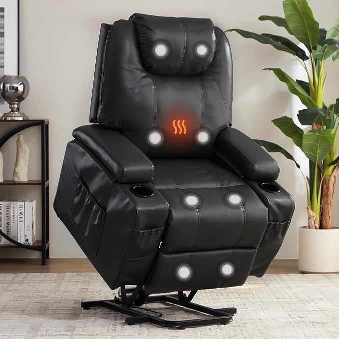 Power Lift Recliner Chair for Elderly, Electric Lift Chair with Massage & Heat, PU Leather Reclining Sofa with Cup Holders, Side Pockets for Living Room Bedroom