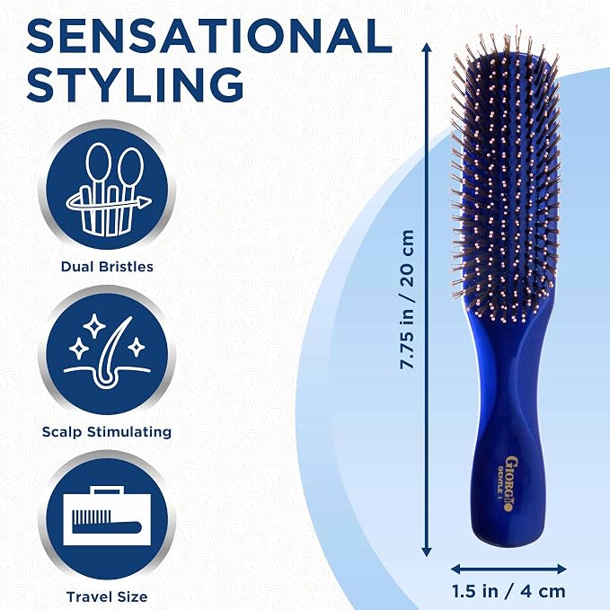 Giorgio Gentle Blue Full Size Hair Brush – 7.75 Inch, Men, Women & Kids, Detangler for Fine, Thick & Curly Hair, Scalp Massager, Travel Hair Brush, All Hair Types
