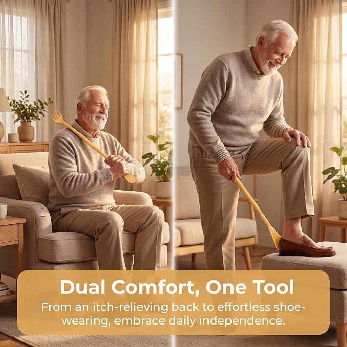 2pcs 2-in-1 Shoe Horn Long Handle and Back Scratcher for Seniors, Extra Long Durable PP Plastic Shoehorn with Vintage Bamboo Finish, Mobility Aid Shoe Helper for Disabled, Post-Surgery Recovery