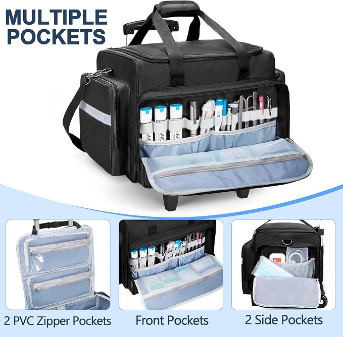 Damero Rolling Medical Bag with Detachable Trolley & Cover Fixed Strap | Medical Bag On Wheels with Inner Dividers, Bottom Support Board, Shoulder Strap for Home Health Nurses, Doctors, EMT, EMS