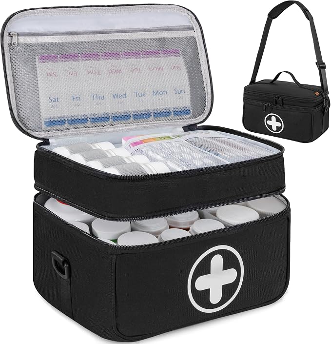 Medicine Storage Bag, 2 Layer Pill Bottle Organizer Storage Bag Empty, Lockable Medical Travel Bag with Adjustable Divider, Suitable for Pills, Vitamins, Fish Oil,Medical Supplies