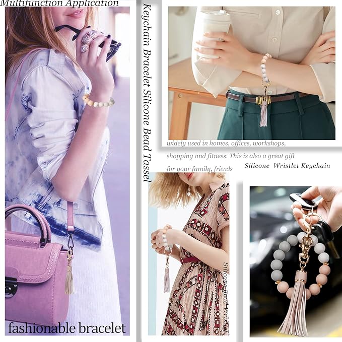 BIHRTC Key Ring Bracelet Car Keychain Holder Wristlet Silicone Women Beaded Bangle Chains