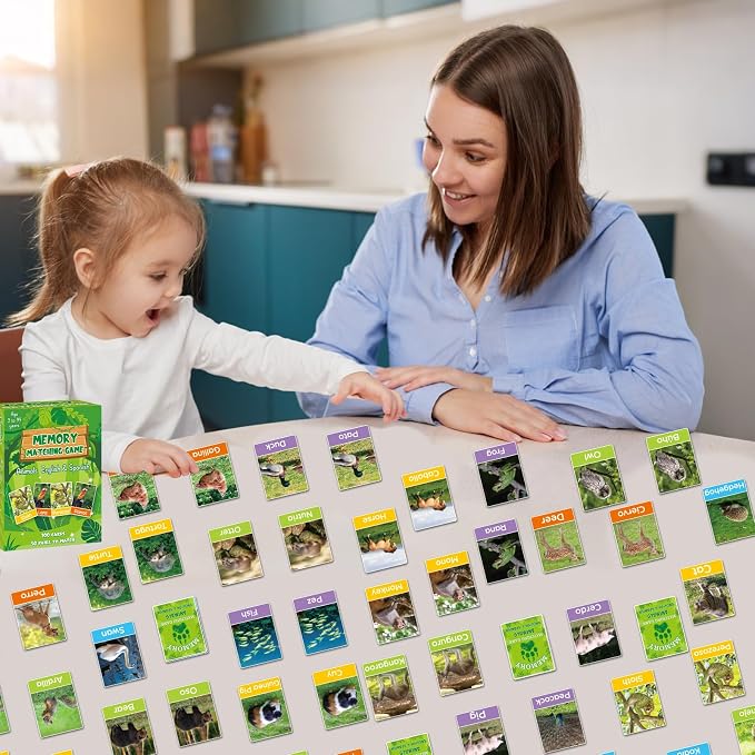 gisgfim 100 PCS Memory Matching Games Spanish English Bilingual Animal Memory Matching Games Educational Game for Kids and Adults A Fun & Fast Animal Game Toddlers Preschool Family Board Gift
