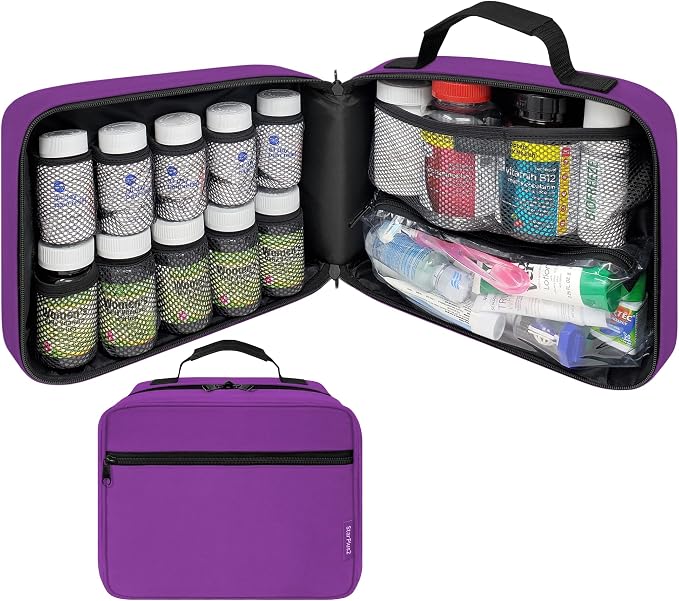 Large Medicine Organizer Bag – 10 Pocket Pill Bottle Organizer for Travel & Home Storage, Purple