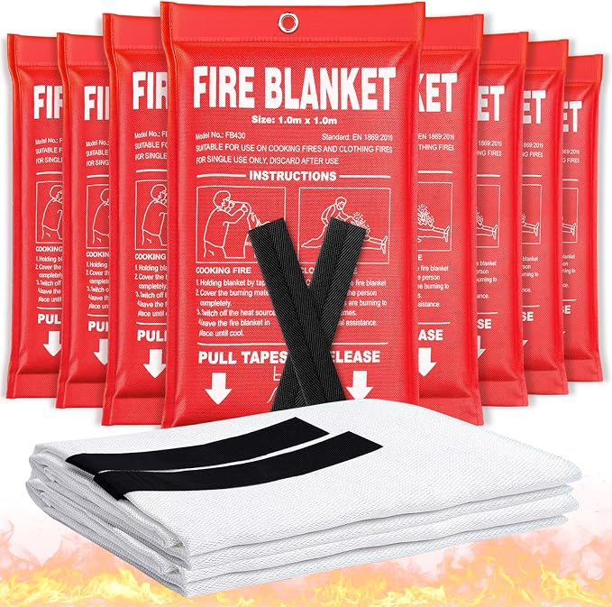 Fire Blanket 8 Pack - 40" x 40" Prepared Emergency Fire Blanket | For Home and Kitchen, RV, Grill, Fireplace, Safe & Easy for Young Adults and Elderly Living Alone | Fiberglass CE Certified