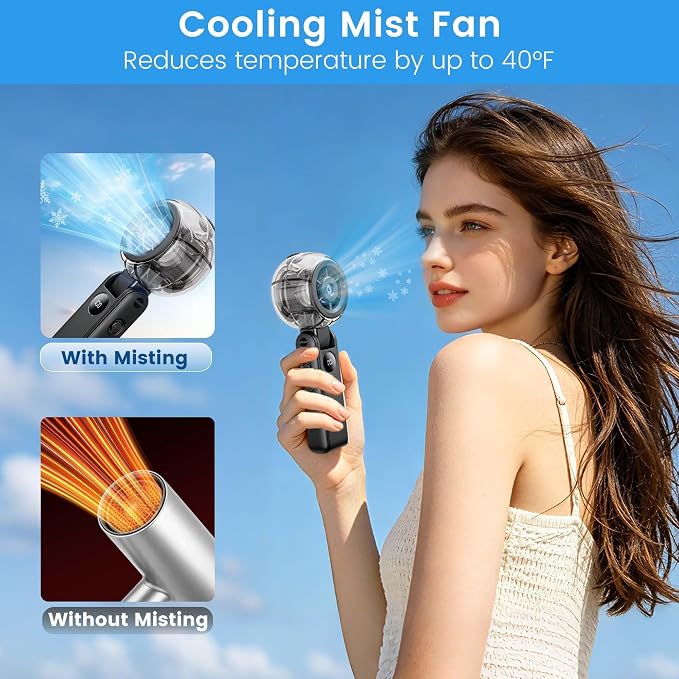 Portable Handheld Misting Fan, Personal Fan that Blow Cold Airflow | USB Rechargeable, LED Display, 100 Speeds, 155° Foldable, Small Neck Fan for Outdoor Travel, Sports Events, Gifts for Men