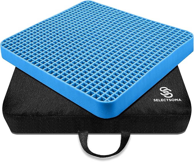 SelectSoma Gel Seat Cushion for Long Sitting, Pressure Relief for Sciatica, Tailbone, Coccyx & Back Pain, Office Chair, Wheelchair, Car & Truck – Travel with Handles Blue Gel